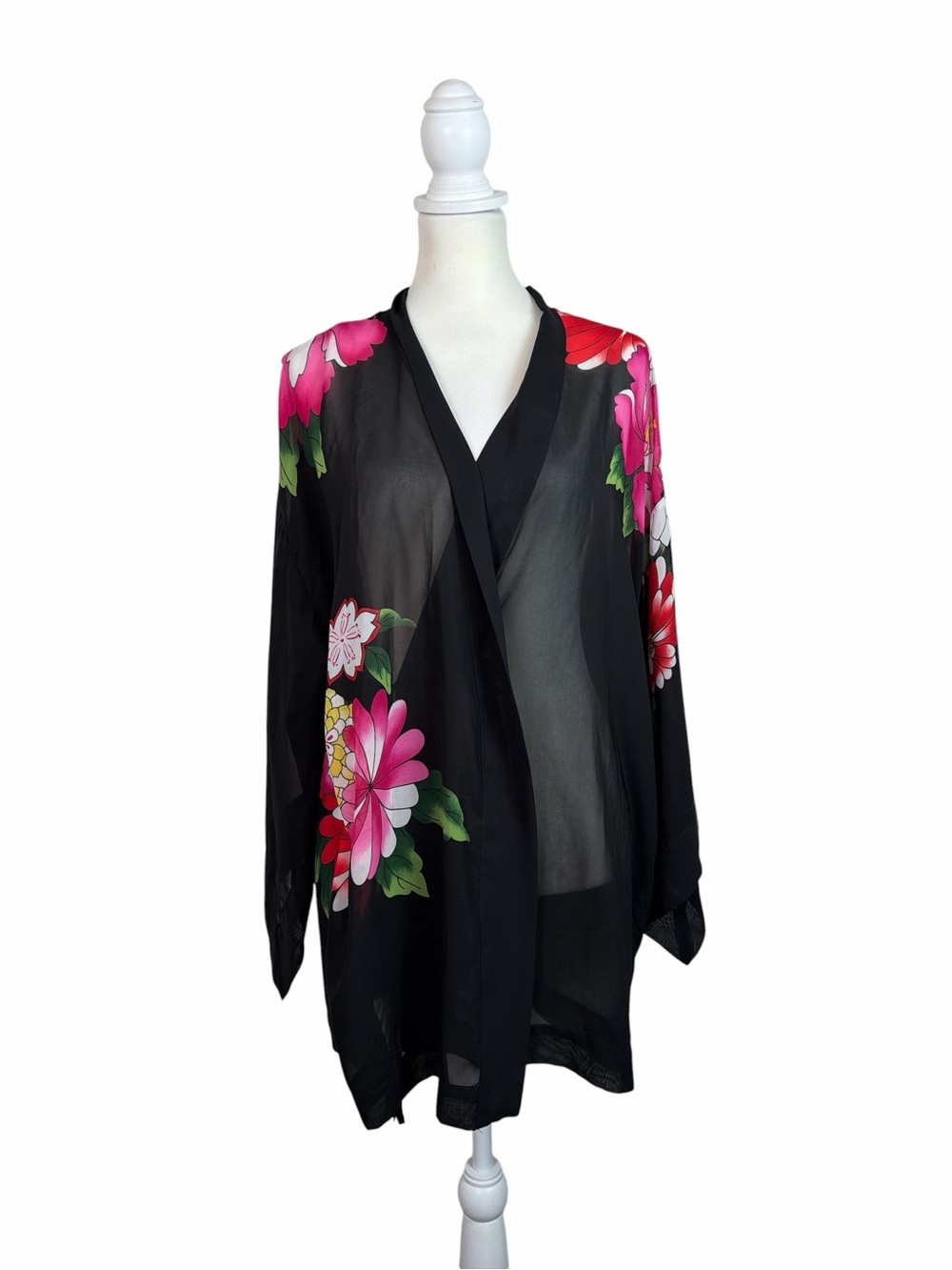 Victoria’s Secret Black Sheer Floral Kimono Robe One Size Pink Red Flowers